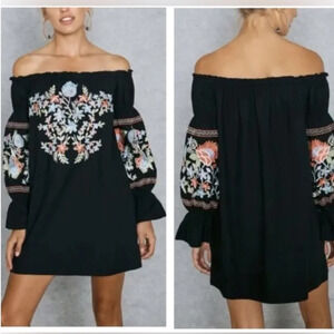 Free People Boho Fleur Du Jour Floral Embroidered Black Dress Size XS W-043